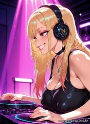 2026 ai_generated anime bangs bare_shoulders black_choker blonde_hair blush breast_rest breasts choker cleavage covered_nipples crossover female female_focus female_only fingernails flushed from_side grin gyaru headphones highres huge_breasts indoors inside jewelry kitagawa_marin large_breasts lips long_hair marin_kitagawa my_dress_up_darling nail_polish necklace nsfw patreon patreon_username pink_eyes pink_nails red_eyes rognezart shiny shiny_hair shiny_skin smile smiling solo sono_bisque_doll_wa_koi_wo_suru speaker sweat sweaty tank_top teeth upper_body very_long_hair