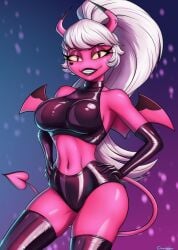2026 alternate_hairstyle artist_signature belly big_breasts black_clothing black_latex black_thighhighs cartoon demon demon_girl deviantart deviantart_link elbow_gloves full_body hand_on_hip hands_on_hips helluva_boss horn latex latex_clothing latex_gloves latex_legwear latex_panties latex_suit latex_thighhighs latex_topwear legwear long_hair looking_at_viewer midriff navel no_ai pink_body ponytail skimpy sleeveless spindlehorse_toons standing succubus tail thighhighs verosika_mayday_(helluva_boss) vivienne_medrano vivziepop western_cartoon white_hair wings