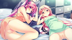 1boy 2girls bed blonde_hair blush breasts carrot_lu_angora censored collarbone cuddling flat_chest game_cg kanojo_ga_ore_ni_kureta_mono._ore_ga_kanojo_ni_ageru_mono. kojima_neneko large_breasts long_hair mosaic_censoring multiple_girls naked_towel navel nude onomatope pillow pink_eyes pussy red_hair shiratama smile thighs towel