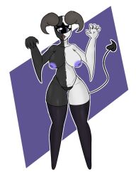 1girls areolae axeltakitos bea_(axeltakitos) black_body boobs breasts cyclops demon_tail female horns nipples no_bra nude nude_female panties purple_eyes sharp_teeth simple_background stockings twitter_user_oc two-tone_body white_body