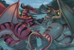 2026 2d 2d_(artwork) animal_genitalia anthro ass biped blizzard_entertainment claws cloaca cloud digital_drawing_(artwork) digital_media_(artwork) dracthyr dragon duo eleacat european_mythology female fingers forest genitals horizontal_cloaca horn looking_at_viewer mythological_creature mythological_scalie mythology nude nude_anthro nude_female outside plant raised_tail rear_view scales scalie sky smile stripes tagme tail tailbutt teeth thick_tail tree warcraft western_dragon wings world_of_warcraft
