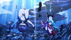 3girls arms_behind_back asphyxiation black_hair blindfold blue_hair blush bondage bubbles closed_eyes drowning hogtie midriff multiple_girls peril rou271 rou_(rou22) smile underwater underwater_peril_aladdin water