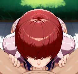 1girls ai_generated blowjob clothed clothed_female fellatio hard_cock in_mouth inside king_of_fighters light-skinned_female light_skin long_hair oral outdoors pale-skinned_female pale_skin pov public red_hair shermie_(kof) sucking sucking_cock sucking_dick