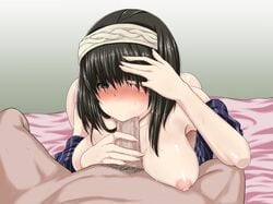 bangs black_hair blue_eyes blush breasts fellatio female full-face_blush hair_over_one_eye hairband idolmaster idolmaster_cinderella_girls large_breasts long_hair male male_pubic_hair nipples oral ozyasadayo penis pubic_hair sagisawa_fumika saliva shawl solo_focus straight sweat uncensored