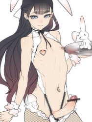 1boy animal_ears ban bangs black_hair blush bow bunny_ears censored choker erection femboy fishnet_legwear fishnets hairbow heart hung_trap large_penis long_hair male male_only navel_piercing nipple_piercing nipple_rings nipples penis penis_piercing piercing pointless_censoring revealing_clothes solo stuffed_animal stuffed_bunny stuffed_toy thighhighs trap tray very_long_hair wrist_cuffs