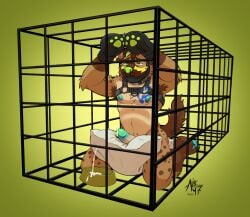 2025 alibi_47 animal_mask anthro arm_tuft armpit_tuft athletic athletic_male blue_tattoo bodily_fluids bondage bound bowl brown_body brown_fur brown_spots cage chains chest_tuft clothing collar container countershading cum cum_on_penis ejaculation elbow_tuft erection fur genital_fluids genitals gloves gradient_background green_background green_body green_eyes green_nipples green_penis green_skin grinding handprint_(marking) handwear harness hi_res humanoid_genitalia humanoid_penis hyena inner_ear_fluff inside_cage kneeling looking_up male male_anthro mammal markings mask masturbation nipples nude_male on_pillow orgasm pawpads paws penis pet_bowl pillow pillow_humping pup_mask signature simple_background sitting_on_pillow solo spots tail tan_body tan_fur tan_inner_ear_fluff tattoo tuft