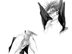 2boys anal ass blush bottomless erection eyeshield_21 from_behind gaou_rikiya gay harikonotora huge_cock large_insertion male male_only marco_reiji monochrome multiple_boys multiple_males open_clothes open_shirt penis set size_difference sweat tears translated yaoi