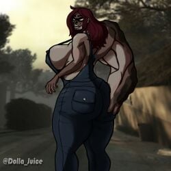 ass_focus big_ass big_breasts butt_squish charger_(left_4_dead) dark-skinned_female dark_skin denim denim_clothing dollajuice dungarees female female_focus female_only genderswap glowing_eyes grabbing_ass grabbing_own_ass large_female left_4_dead_(series) left_4_dead_2 looking_at_viewer looking_back looking_back_at_viewer muscular_female mutation nipple_bulge nipples_visible_through_clothing overalls overalls_only red_hair redhead rule_63 sideboob skull smug_face smug_smile teeth_bared thick_ass thick_thighs thunder_thighs zombie zombie_girl