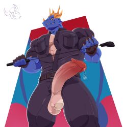 anthro balls big_balls big_penis bodily_fluids dragon genital_fluids genitals hi_res huge_balls huge_cock lizard male male/male mr.brapion muscular mythological_creature mythological_scalie mythology penis penis_poking_out penis_through_fly precum reptile scalie smile_at_viewer solo whip