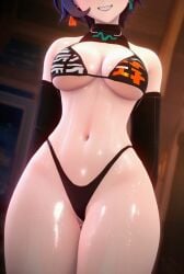 3d ai_assisted animated belle_(zenless_zone_zero) bikini blue_hair bra highleg_panties hoyoverse midriff mihoyo navel panties phaethon_(zenless_zone_zero) shiny_skin short_hair smile sound tagme thick_thighs video wide_hips wiggle zenless_zone_zero