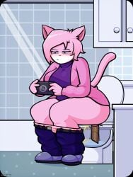 3:4 aeris_(vg_cats) anthro ass bathroom bathtub belt belt_buckle blue_bottomwear blue_clothing blue_footwear blue_pants blue_pupils blue_shoes blush bodily_fluids bottomwear bottomwear_down buckle cabinet clothed clothing domestic_cat feces felid feline felis female footwear fur gaming genital_fluids glass hair handheld_console hi_res mammal panties panties_down pants pants_down partially_clothed peeing pink_body pink_clothing pink_ears pink_fur pink_panties pink_tail pink_topwear pink_underwear playing_video_game pupils purple_clothing purple_topwear scat shoes sillynamie solo tail toilet toilet_bowl toilet_lid toilet_seat toilet_use topwear underwear underwear_down urine vg_cats white_body white_fur white_sclera x-ray_view