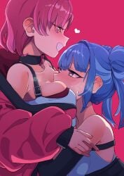 2girls :) :d absurd_res beautiful blue_hair bodysuit c_civciv clothing collar cute evil_twin_ki-sikil evil_twin_lil-la face_in_breasts female female_only gloves green_eyes hand_on_hip head_on_breasts heart hi_res horny hugging jacket ki-sikil_(yu-gi-oh!) konami light_skin lil-la_(yu-gi-oh!) on_breasts purple_eyes red_hair seductive short_hair side_view smile standing stimulation sweatdrop twintails younger_female yu-gi-oh! yu-gi-oh!_master_duel yuri
