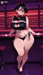 1girls absurd_res absurdres ai_generated ass bar_(place) bar_stool bare_shoulders bayonetta bayonetta_(character) bayonetta_(series) bayonetta_2 bayonetta_3 bell big_ass big_breasts black_bra black_eyes black_footwear black_framed_eyewear black_hair black_panties blurred_background blurry blurry_background bra breasts cartoon cartoony cat_cutout cat_ear_panties cat_lingerie choker cleavage cleavage_cutout clothing_cutout collar counter curvy depth_of_field earrings female female_focus frilled_bra frills full_body glasses grey_eyes hi_res high_quality high_resolution highres indoors jewelry jingle_bell large_ass large_breasts looking_at_viewer meme_attire mole mole_under_mouth narrow_waist navel neck_bell odexai panties shiny_skin short_hair side_tie_panties small_waist smile solo solo_focus stomach stool straight thick_thighs thighs thin_waist underwear underwear_only wide_hips