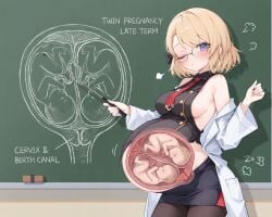 ai_generated azur_lane z23_(azur_lane) pregnant pregnant_female pregnant_belly x-ray internal_view blonde_hair blonde_female sideboob clothed labcoat big_belly heavily_pregnant fetus pregnant_with_multiples pregnant_with_twins sex_education blackboard