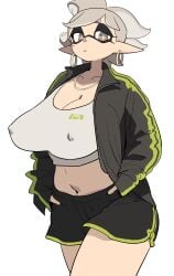 1girls 2d big_breasts black_hair breasts cleavage clothed cowboy_shot digital_media erect_nipples erect_nipples_under_clothes female hips huge_breasts inkling jacket light-skinned_female light_skin long_hair marie_(splatoon) navel nintendo simple_background skindentation splatoon splatoon_(series) squid_sisters standing tentacle_hair unusual_pupils white_hair yuta_agc