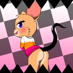 anthro ass ass_focus ass_visible_under_skirt bent_over big_ass big_ears black_and_grey black_and_pink black_tail blush bubble_butt checkerboard checkered_background cheek_blush clothing crop_top curvy detailed_background digital_drawing digital_media fat_ass female from_behind furry furry_only highres huge_ass juni juni's_(oc) long_tail looking_at_viewer looking_back looking_back_at_viewer mouse mouse_girl no_humans oc orange_fur orange_sweater original original_character partially_clothed pink_background pink_nose pink_skirt prehensile_tail presenting presenting_ass purple_eyes rappywet rear_view rodent round_ears side_view simple_background smiling smirk solo solo_female striped_skirt striped_sweater sweater tail tail_raised tan_fur thick_tail thick_thighs three_quarter_view tongue upskirt voluptuous white_sweater wide_hips yoga_pose