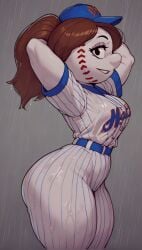 ai_generated baseball_cap baseball_uniform big_ass brown_hair female female_only hands_behind_head looking_at_viewer mascot mrs._met new_york_mets object_head ponytail rain scalieton self_upload side_view smile thick_thighs tight_clothing wet_clothing