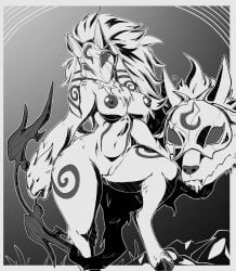 2018 3_fingers anthro avante92 border bovid bow_(weapon) breasts canid canine canis caprine curvy_figure digital_media_(artwork) duo female fingers floating_head_creature floppy_ears fur fur_markings genitals gradient_background hi_res holding_bow_(weapon) holding_object holding_ranged_weapon holding_weapon hooves kindred_(lol) lamb_(lol) league_of_legends lop_ears male mammal markings mask monochrome navel nipples nude_anthro pose ranged_weapon riot_games sheep simple_background small_waist tencent thick_thighs vulva watermark weapon wearing_mask white_border wide_hips wolf wolf_(lol)