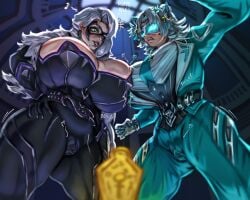 2026 2girls ami_han animal_ears ansaln asian asian_female black_cat_(marvel) black_cat_(marvel_rivals) breast_press breasts breasts_size_difference cleavage felicia_hardy female female_focus female_only huge_breasts large_breasts marvel marvel_comics marvel_rivals netease_games pussy pussy_lips pussy_spreading pussy_visible_through_clothes spider-man_(series) suit suit_and_tie thick_ass thick_thighs thighhighs thighs white_fox_(marvel) white_fox_(marvel_rivals) wide_hips