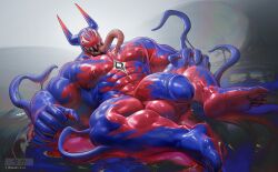 2024 abs anthro artist_logo balls blue_body blue_horn chest_markings claws finger_claws genitals goo_creature goo_tentacles goo_transformation halcyon_(takahirosi) horn hybrid logo long_tongue male markings multicolored_body multicolored_horn muscular muscular_anthro muscular_male muscular_thighs nipples obliques pecs penis red_horn solo takahirosi teeth tentacles text tongue transformation two_tone_body two_tone_horn url