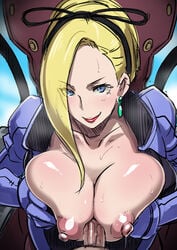 blonde_hair blue_eyes breast_squeeze breasts butcha-u cockpit deep_skin earrings eroquis female fringe gundam gundam_g_no_reconguista hairband huge_breasts huge_nipples jewelry lipstick long_hair looking_at_viewer makeup male mick_jack nipples no_bra paizuri penis perpendicular_paizuri pilot_suit solo_focus straight sweat uncensored