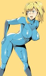 &lt;3 ass_grab blonde_hair blue_eyes blush bodysuit breasts drooling erect_nipples female female_only hair human large_breasts madkaiser metroid nintendo open_mouth ponytail saliva samus_aran solo tears tied_hair zero_suit zero_suit_samus