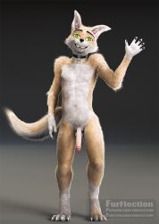 3d 3d_(artwork) anthro collar digital_media_(artwork) fur furflection genitals gesture green_eyes hufie(furflection) male mostly_nude nude penis realistic simple_background smile smiling_at_viewer solo standing waving yellow_body yellow_fur