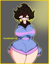 2d beambobblox big_breasts blue_sweater breasts brown_hair closed_eyes female female_focus female_only frisk hourglass_figure huge_breasts smile smiling striped_sweater thick_thighs undertale yellow_hair