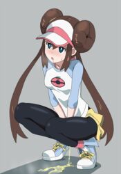 artist_request blue_eyes blush brown_hair clothed_masturbation clothing covering_crotch double_bun drooling female fully_clothed looking_pleasured masturbation masturbation_through_clothing pantyhose peeing pokemon raglan_sleeves rayphenos rosa_(pokemon) shoes skirt sneakers squatting visor