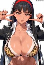 1girls ai-created ai_generated amagi_yukiko animal_print bangs big_breasts bikini bikini_tan black_hair black_jacket black_nails blush bra breasts brown_eyes clavicle cleavage clothing collared_shirt double_v female female_only fingernails gyaru hairband headwear hentai_hell high_resolution huge_breasts jacket large_breasts leopard_print long_fingernails long_hair long_sleeves looking_at_viewer nail_polish navel open_clothes open_shirt parted_lips persona persona_4 school_uniform shirt simple_background smile solo stomach swimsuit swimsuit_tan tanlines tanned thighs tsunoko_(artist) underwear uniform upper_body v white_background white_shirt