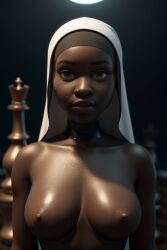 ai_generated bishop_(chess) brown_eyes chess chess_piece dark-skinned_female dark_nipples female female_focus female_only looking_at_viewer nude nude_female nun nun's_habit