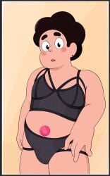 1boy 1male accurate_art_style belly black_bra black_earrings black_eyes black_hair black_lingerie black_panties blush bra bulge bulge_through_clothing chubby chubby_femboy chubby_male color colored curly_hair digital_drawing_(artwork) digital_media_(artwork) femboy femboy_only gem hairless hotfiresu human hybrid lingerie lingerie_bra lingerie_only lingerie_panties looking_at_self male male_breasts male_lingerie male_nipples male_only mirror_reflection muscular_male nipples not_ai_generated panties posing pretty_boy see-through see-through_clothing short_hair simple_background simple_shading standing steven_quartz_universe steven_universe