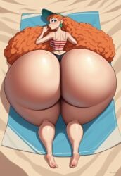 ai_generated beach big_ass big_thighs black_thong blue_eyes bottom_heavy bubble_ass bubble_butt camisole cap colossal_ass curly_hair disney earrings enormous_ass freckles freckles_on_ass gigantic_ass huge_ass hyper_ass inner_workings kate_(inner_workings) large_ass long_hair looking_at_viewer lying_on_ground massive_ass massive_booty orange_hair pawg red_hair sand striped_shirt towel