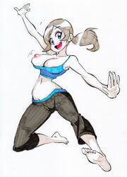 barefoot breasts casual clothing female female_only grey_hair human midriff nintendo nipple_slip pale_skin ponytail pose rafchu solo sportswear tank_top tied_hair wii_fit wii_fit_trainer yoga_pants