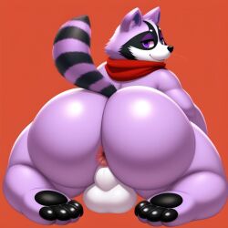 1boys ai_generated anthro anus ass_focus asshole balls big_ass big_butt feet femboy frosting.ai furry gay indigo_park male male_only paws purple_eyes purple_fur raccoon raccoon_tail rambley_(indigo_park) rambley_raccoon red_background red_scarf showing_ass solo tail