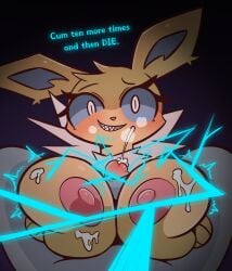 anthro big_breasts bodily_fluids breast_play breasts cum cum_on_body cumshot dialogue dominant dominant_female duo eeveelution ejaculation electrostimulation female female_focus first_person_view generation_1_pokemon genital_fluids genitals hi_res human jolteon male mammal nintendo penis pokemon pokemon_(species) ram_g_thunder sex smile solo_focus steam teeth titjob