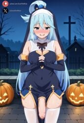 1futa ai_generated aqua_(konosuba) balls big_penis blue_eyes blue_hair blush cock cosplay dickgirl flaccid futa_only futanari halloween halloween_2024 halloween_costume huge_cock kono_subarashii_sekai_ni_shukufuku_wo! light-skinned_futanari light_skin looking_at_viewer outdoors penis precum roxygtf smug solo standing sweat sweating sweaty_body