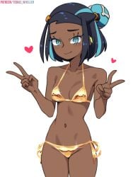 1girls bikini black_hair blue_eyes blue_hair dark_skin double_v gold_bikini looking_at_viewer nessa_(pokemon) nintendo pokemon pokemon_ss short_hair smile solo swimsuit tobias_wheller v