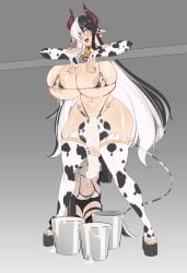 2024 absurd_res animal_humanoid animal_print areola bell bell_collar big_breasts blue_eyes blush bodily_fluids bovid bovid_humanoid bovine bovine_humanoid breasts bucket cattle_humanoid collar container cow_print cow_print_elbow_gloves cow_print_thigh_highs cowbell digital_media_(artwork) duo ear_piercing ear_tag fellatio female gynomorph gynomorph/female hair hi_res horn huge_breasts human humanoid intersex intersex/female kdxyon lactating long_hair looking_at_viewer mammal mammal_humanoid milk moomo_(kdxyon) open_mouth oral penile piercing sex smile tail