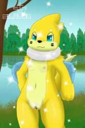 blue_eyes breasts buizel clitoris female feral forest fur genitals hi_res jungle looking_at_viewer mammal navel nintendo plant pokemon pokemon_(species) pussy sea shiny_pokemon silavos smile solo tree water watermark yellow_body yellow_fur