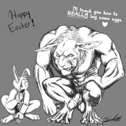 2015 abs anthro balls claws clothed clothing cum cum_leaking duo egg english_text erection fur furry hair heart human lagomorph male male_only mammal muscles nude pecs penis rabbit scapegoat size_difference teeth text