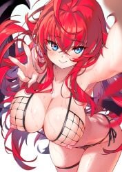 bikini blue_eyes blush breasts_out demon_wings high_school_dxd hong_(white_spider) large_breasts leaning_forward long_hair looking_at_viewer peace_sign red_hair rias_gremory smile string_bikini