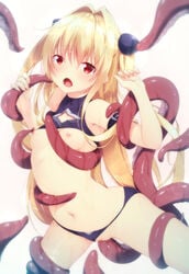 :o bangs blonde_hair blurry breasts clothing depth_of_field eyebrows_visible_through_hair female hair_between_eyes hair_intakes hands_up highres konjiki_no_yami long_hair looking_at_viewer navel nipples open_mouth panties panties_aside penetration pussy red_eyes restrained sex shokuyou_mogura sidelocks simple_background small_breasts solo tentacle tentacle_grab thighs to_love-ru underwear vaginal_penetration white_background