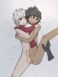 2boys 2d 2d_(artwork) 2d_artwork anonymous_male black_eyes black_hair blush conjoined dandy's_world legs_up male male_focus male_only razzle_and_dazzle_(dandy's_world) red_scarf roblox tears twins white_hair xenoliy