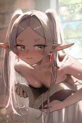 1girls book earrings elf elf_ears elf_female elf_girl frieren frieren_beyond_journey's_end green_eyes grey_hair looking_away meltyrice meme meme_reference ouch_meme small_breasts sousou_no_frieren twintails