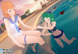 2girls 3d alternate_costume annette_fantine_dominic bare_arms bare_legs bare_midriff barefoot beach_chair beach_umbrella bikini blue_bikini blue_eyes blue_swimsuit blush breasts chair fefreak726 female female_only fire_emblem fire_emblem:_the_blazing_blade fire_emblem:_three_houses flower frilled_bikini frills green_hair hairband holding_hands legs medium_hair midriff multiple_girls navel nino_(fire_emblem) nintendo one-piece_swimsuit open_mouth orange_hair outdoors parasol partially_submerged pool short_hair shy shy_smile sitting small_breasts smile sunset swimsuit tree umbrella water white_one-piece_swimsuit white_swimsuit yuri