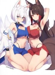 2girls ai_generated akagi_(azur_lane) azur_lane blue_eyes brown_hair brown_tails cleavage female female_only fox_ears fox_tails highleg_panties kaga_(azur_lane) light-skinned_female light_skin lowball01 multiple_tails pleated_skirt red_eyes sakura_empire_(azur_lane) solo white_hair white_tails