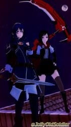 >:) 2girls 3d bare_thighs black_eyes black_hair blue_eyes blue_hair boots breasts cape confident crossover elbow_gloves falchion_(fire_emblem) female female_only fingerless_gloves fire_emblem fire_emblem_awakening full_body full_moon gloves hair_between_eyes hand_on_own_chest hand_on_own_hip jollyoldsoldier long_hair lucina_(fire_emblem) multicolored_hair multiple_girls night nintendo outdoors pose rooftop ruby_rose rwby scythe short_hair small_breasts smile standing sword thigh_boots thighhighs thighs tiara weapon