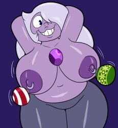 amethyst_(steven_universe) bbw big_breasts breasts cartoon_network christmas huge_breasts nipples ornament pants piercing plump purple_skin shaking_breasts smiling someth1ngoranother steven_universe thick_thighs