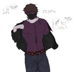 2022 bara brown_hair dressing_up dumeefany face_mask five_nights_at_freddy's jacket male_nipples medium_hair michael_afton muscular muscular_male nipples pants partially_clothed pissgag purple_body purple_skin scars undead underwear zombie zombie_boy